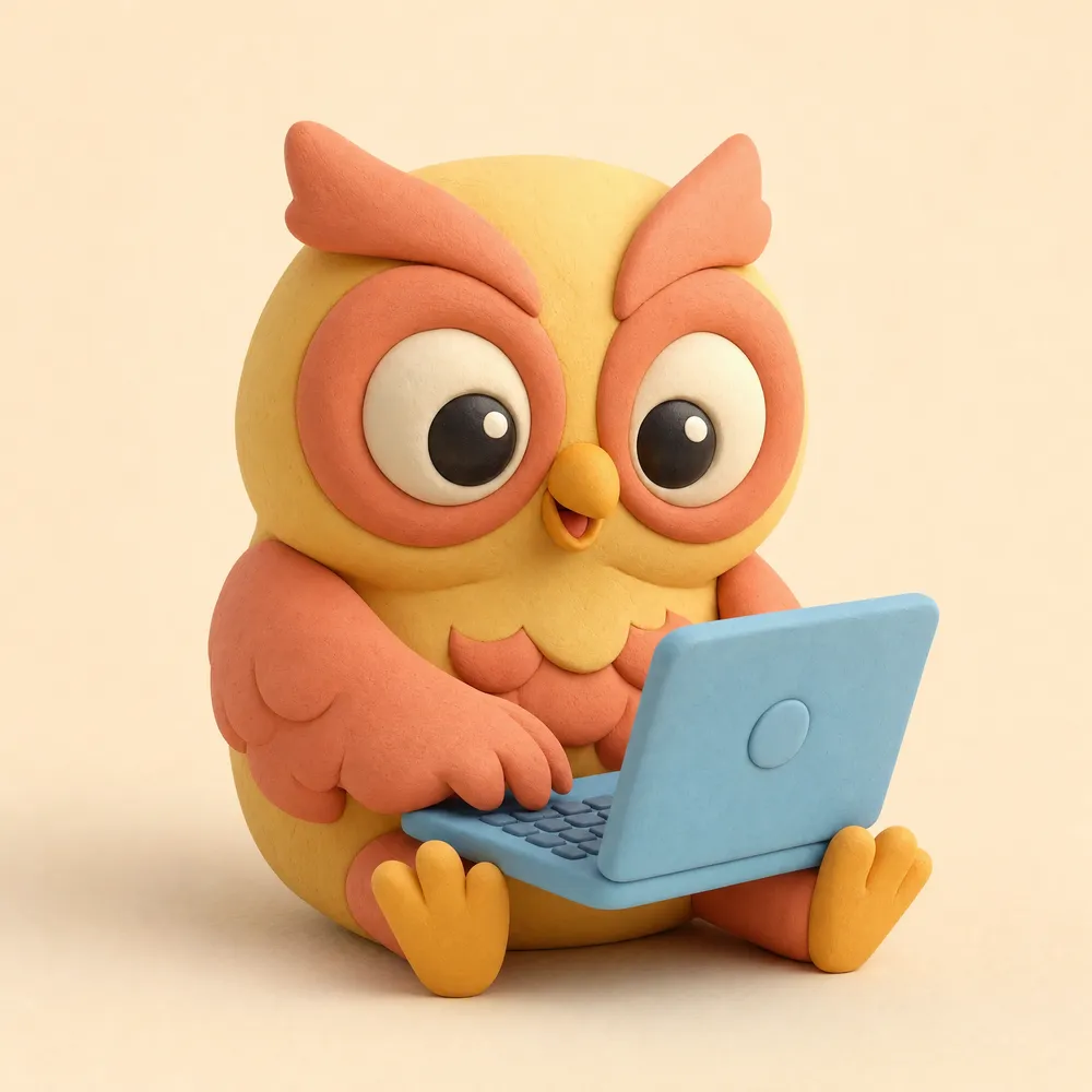 Clay owl mascot typing on a tiny pastel laptop