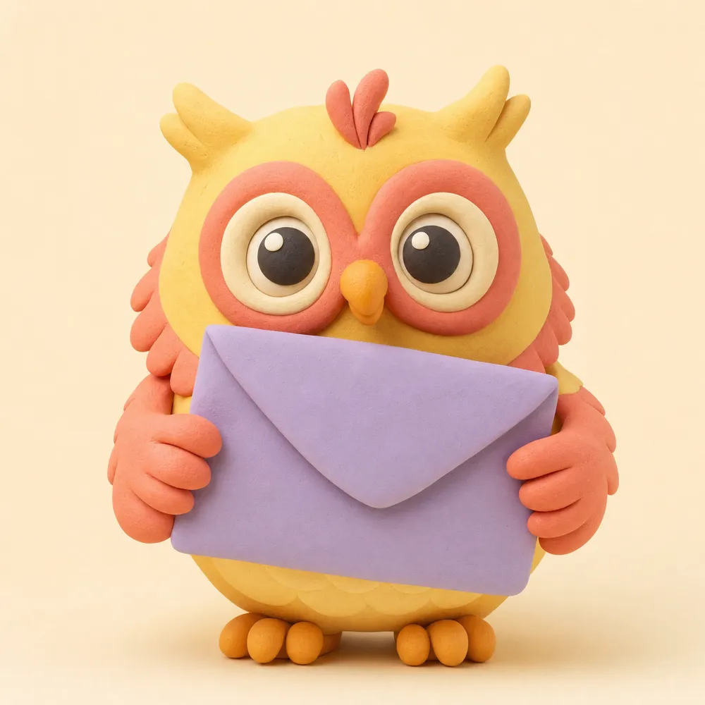 Clay owl mascot holding a big lilac envelope in its wings